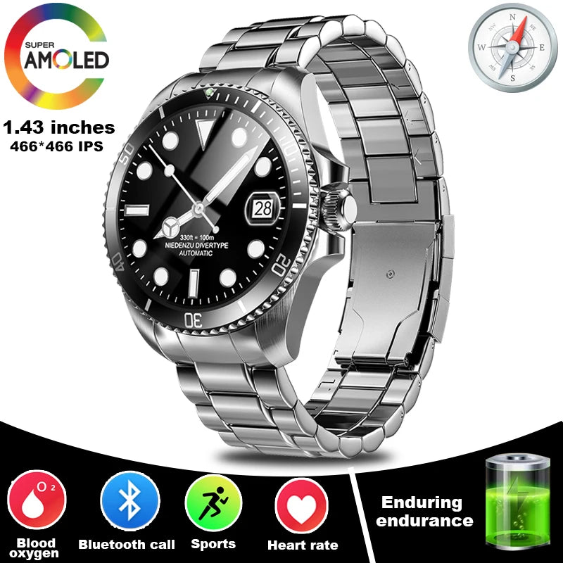 2024 New For Rolex SmartWatch Men Compass GPS Track Smartwatch Amoled Always Displays Temperature Clock BT Call Smartwatch+BOX