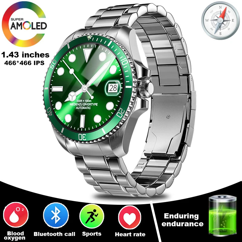 2024 New For Rolex SmartWatch Men Compass GPS Track Smartwatch Amoled Always Displays Temperature Clock BT Call Smartwatch+BOX