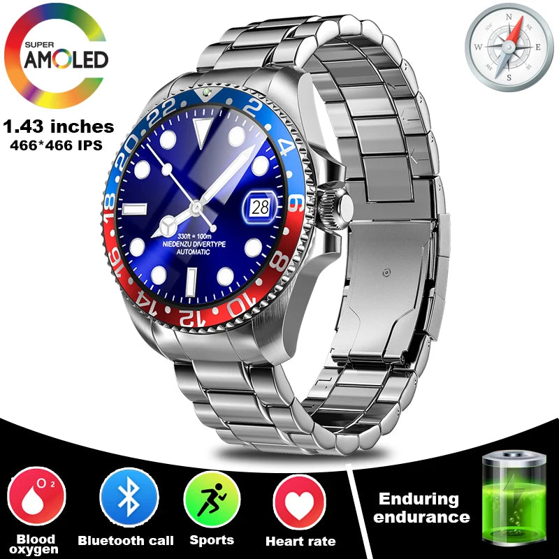 2024 New For Rolex SmartWatch Men Compass GPS Track Smartwatch Amoled Always Displays Temperature Clock BT Call Smartwatch+BOX