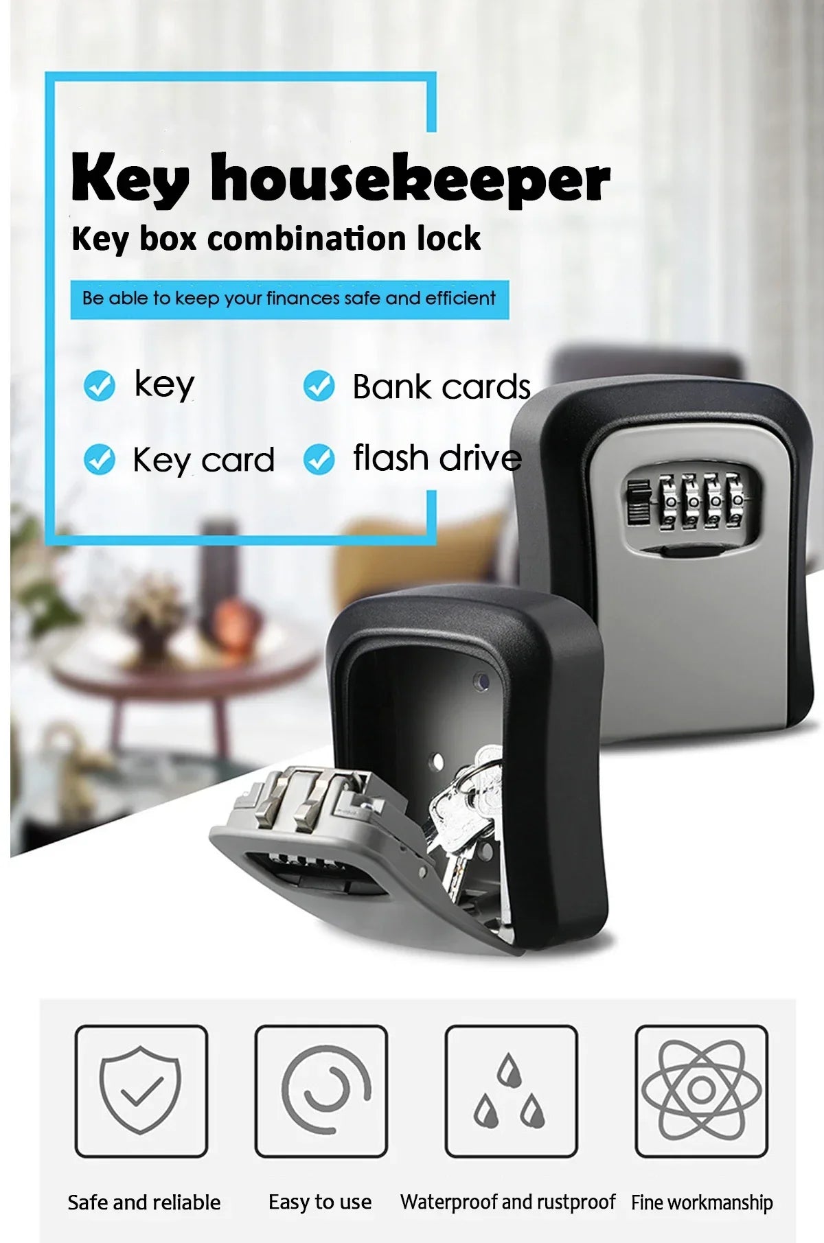 Key Keeper Combination Lock Wall Mounted Waterproof 4 Digits Passwords 5 Keys Storage Box Easy to Fix Home Or Office safe box