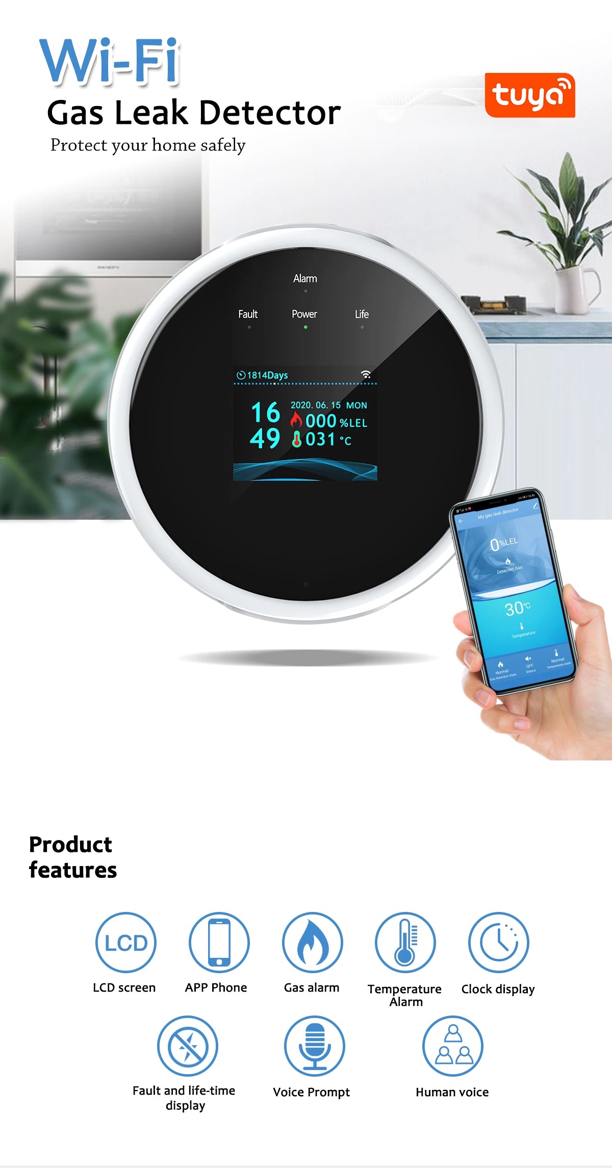 Tuya WiFi Gas Detector Home LPG Natural Gas Leak Alarm LED Display Leakage Sensor Smart Life APP Control