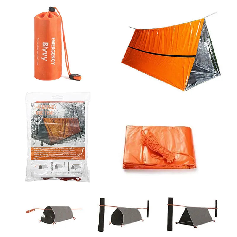 Notunterkunft für 2 Personen, Biwak-Überlebenszelt-Set, Mylar-Schlauchzelt, Schlafsack, wasserdicht, für den Außenbereich, SOS-Wärmedecke, wiederverwendbar 