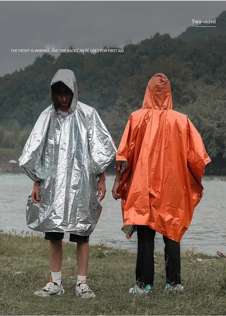 Emergency Rain Poncho Hood Reusable Weather Resistant Raincoat Men Women Camping Hiking Outdoor Survival Waterproof Travel Gear