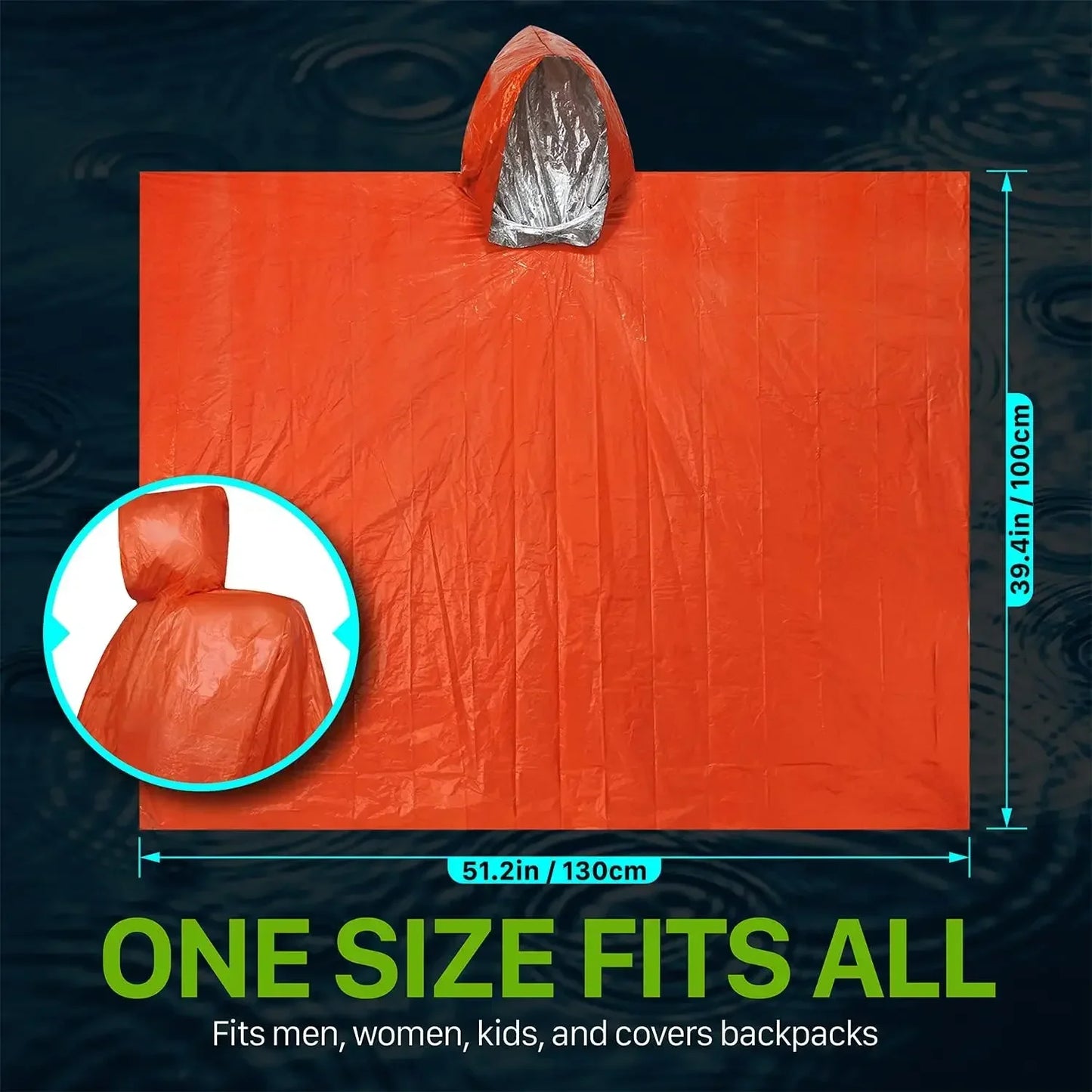 Emergency Rain Poncho Hood Reusable Weather Resistant Raincoat Men Women Camping Hiking Outdoor Survival Waterproof Travel Gear