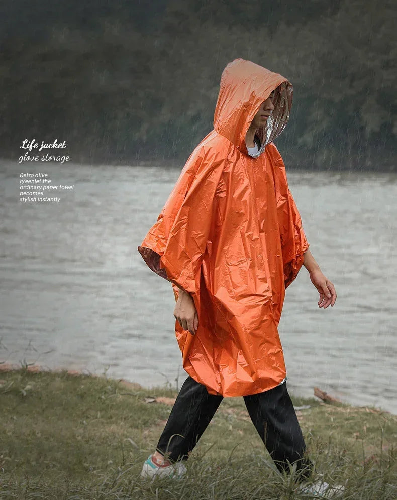 Emergency Rain Poncho Hood Reusable Weather Resistant Raincoat Men Women Camping Hiking Outdoor Survival Waterproof Travel Gear