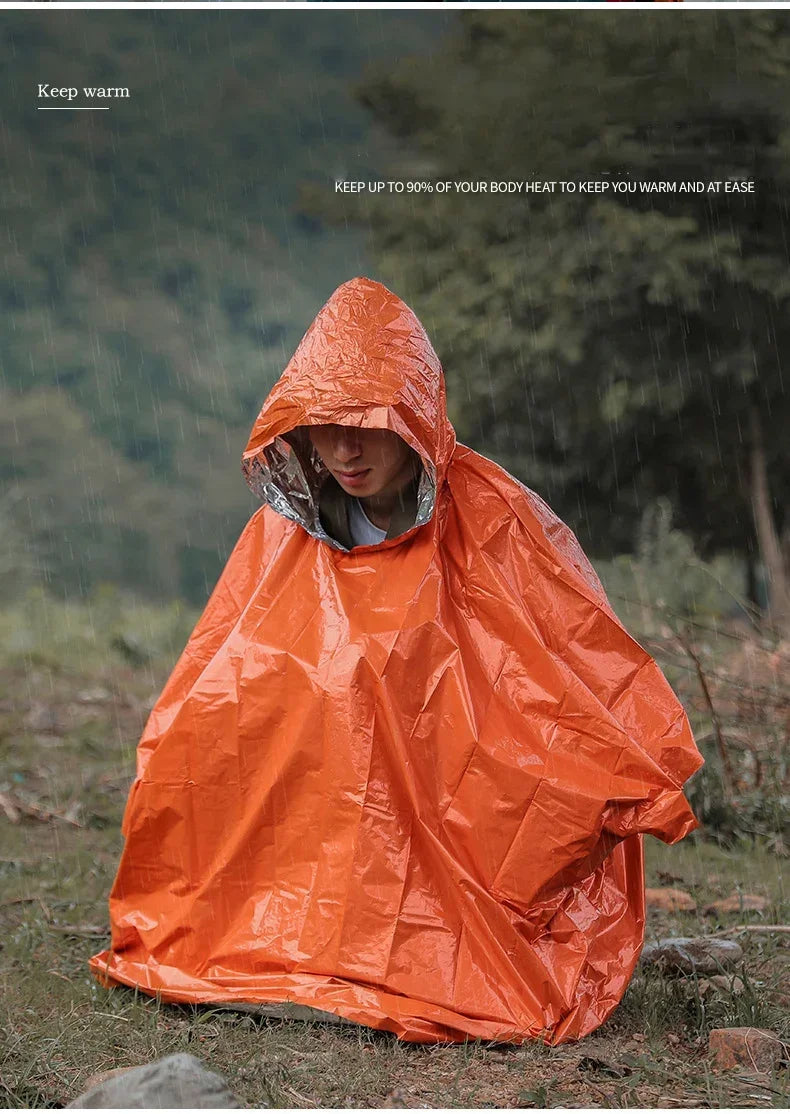 Emergency Rain Poncho Hood Reusable Weather Resistant Raincoat Men Women Camping Hiking Outdoor Survival Waterproof Travel Gear