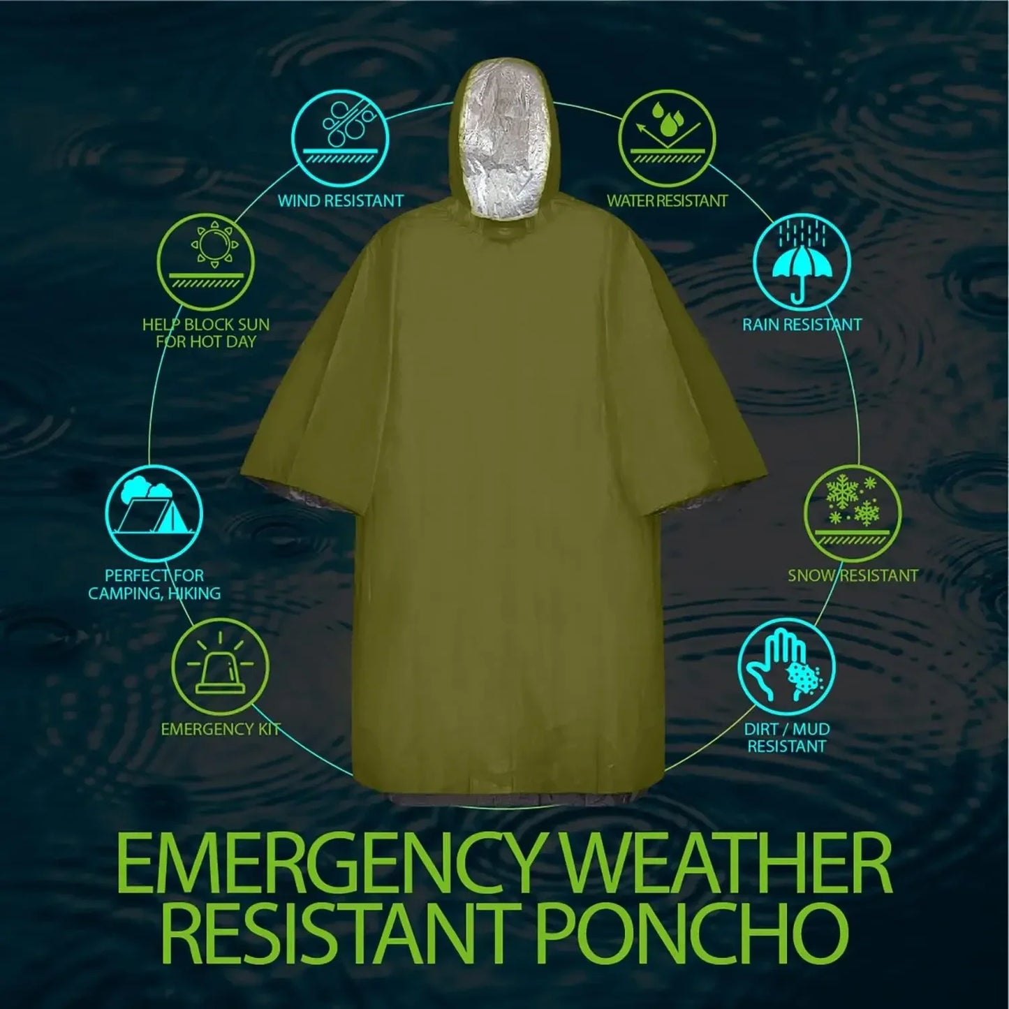 Emergency Rain Poncho Hood Reusable Weather Resistant Raincoat Men Women Camping Hiking Outdoor Survival Waterproof Travel Gear