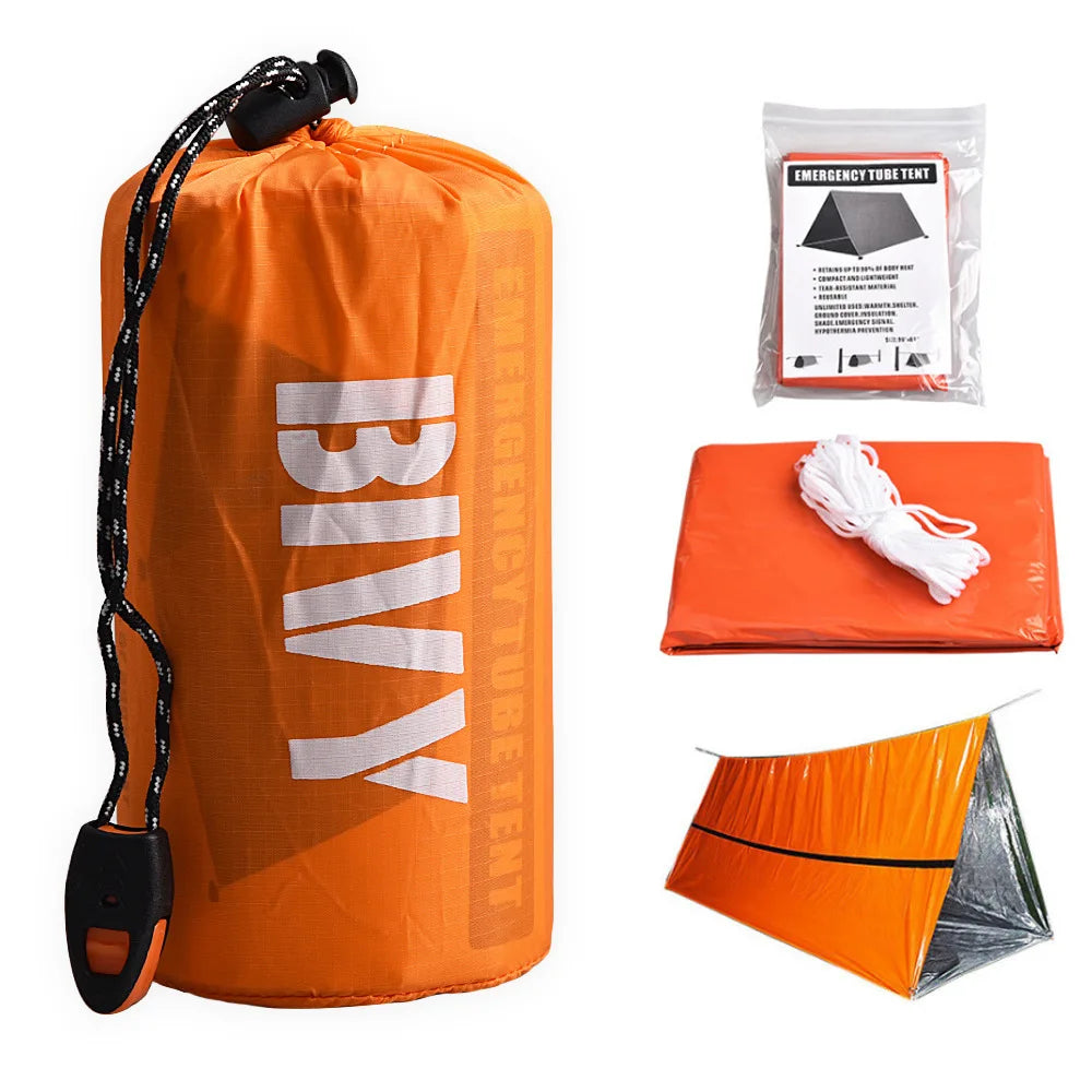 Notunterkunft für 2 Personen, Biwak-Überlebenszelt-Set, Mylar-Schlauchzelt, Schlafsack, wasserdicht, für den Außenbereich, SOS-Wärmedecke, wiederverwendbar 