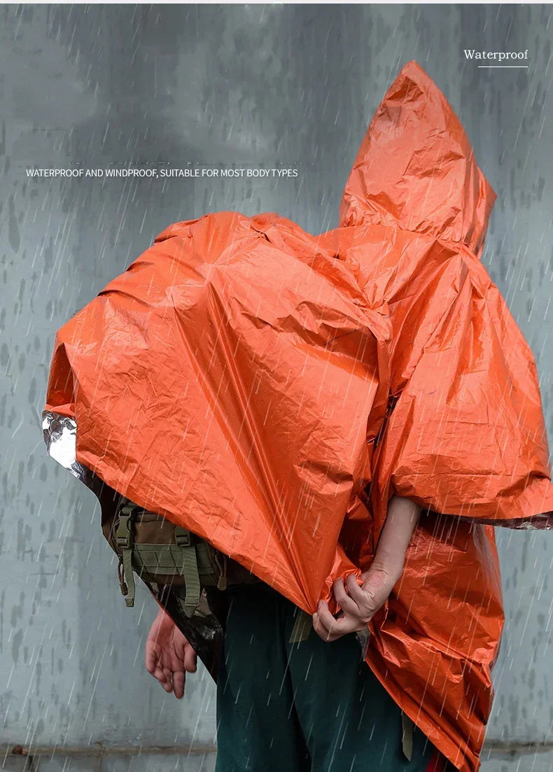 Emergency Rain Poncho Hood Reusable Weather Resistant Raincoat Men Women Camping Hiking Outdoor Survival Waterproof Travel Gear
