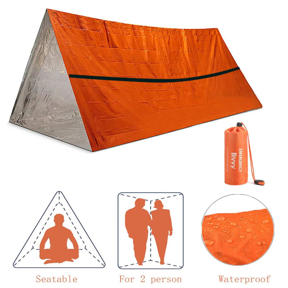 Notunterkunft für 2 Personen, Biwak-Überlebenszelt-Set, Mylar-Schlauchzelt, Schlafsack, wasserdicht, für den Außenbereich, SOS-Wärmedecke, wiederverwendbar 