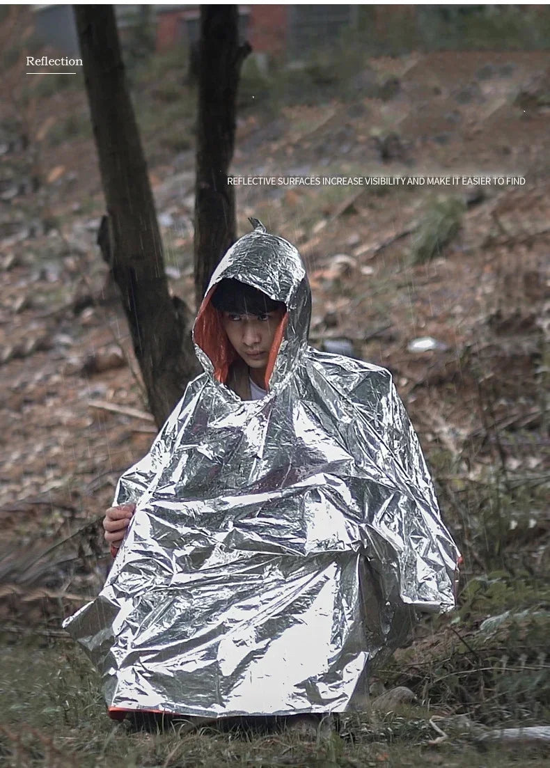 Emergency Rain Poncho Hood Reusable Weather Resistant Raincoat Men Women Camping Hiking Outdoor Survival Waterproof Travel Gear